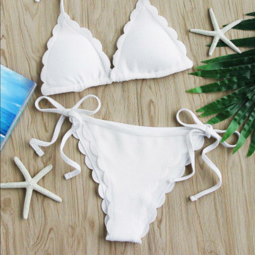 Scalloped white triangle bikini